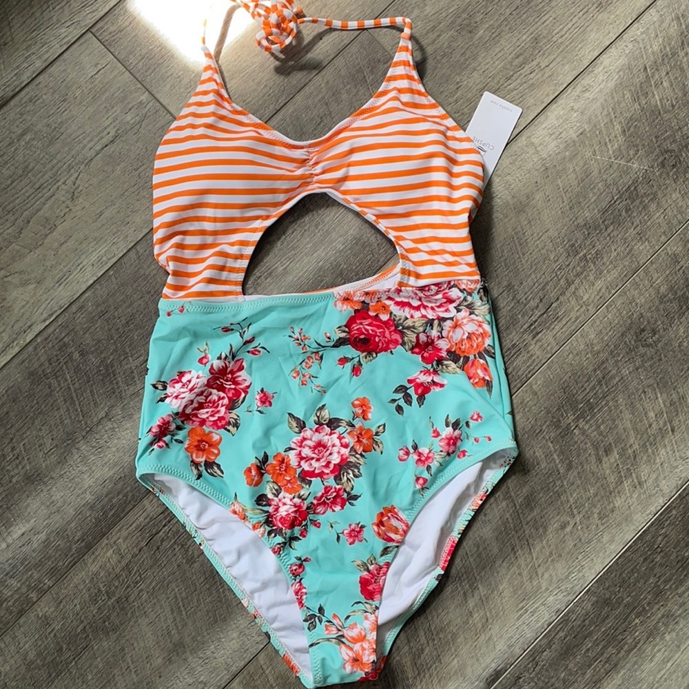 NWT orange and mint green floral one piece